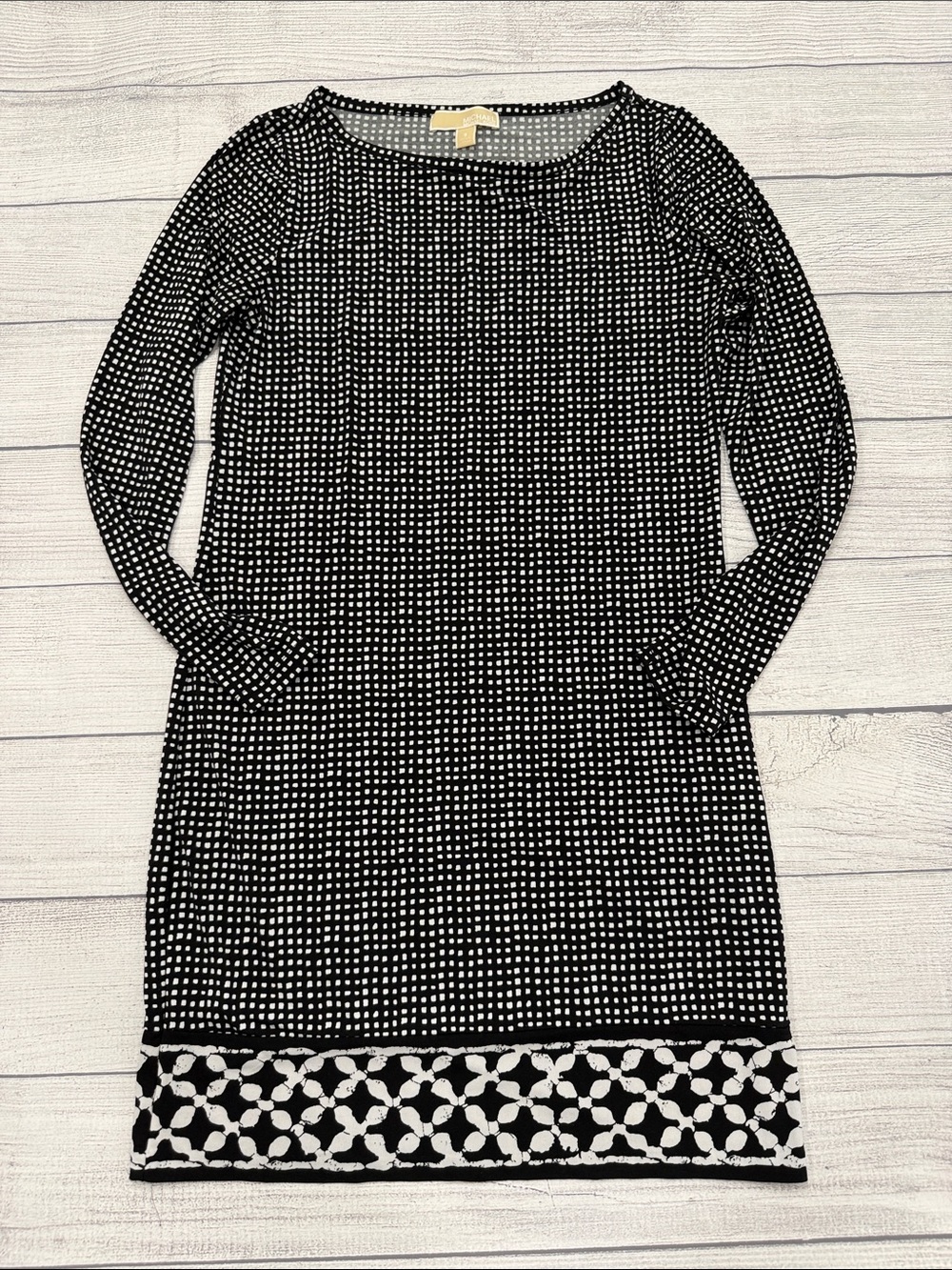 Michael Kors Black White Geometric Print Shift Dress Size Small Long Sleeve